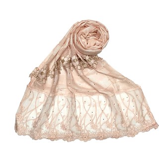 Net hijab with flower design and moti work - Light orange